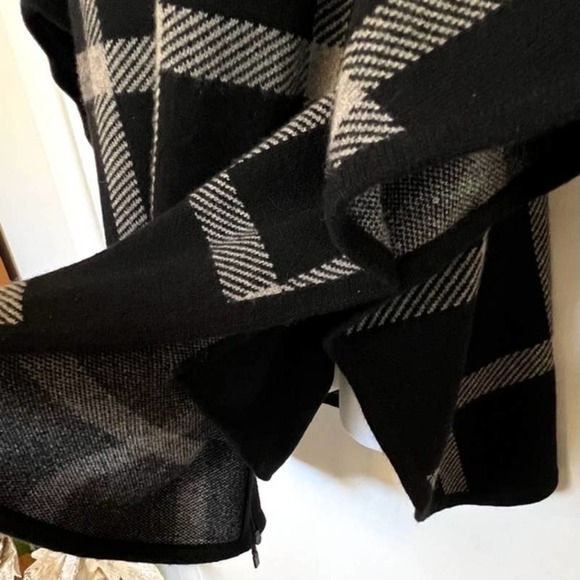 KINROSS LUXE 100% CASHMERE BLACK & SUEDE PLAID ZIP MOCK PONCHO OS ONE SIZE - Picture 10 of 14